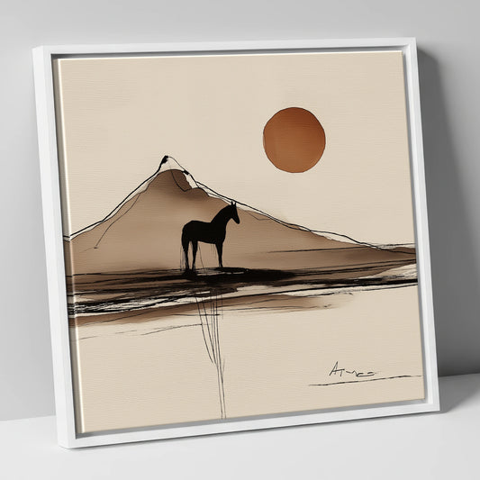 Sepia Mountain Silhouette horse landscape canvas wall art in white frame