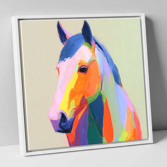 Vivid Technicolour Spirit horse portrait canvas wall art in white frame