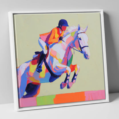 Technicolour Flight show jumping horse canvas wall art in white frame