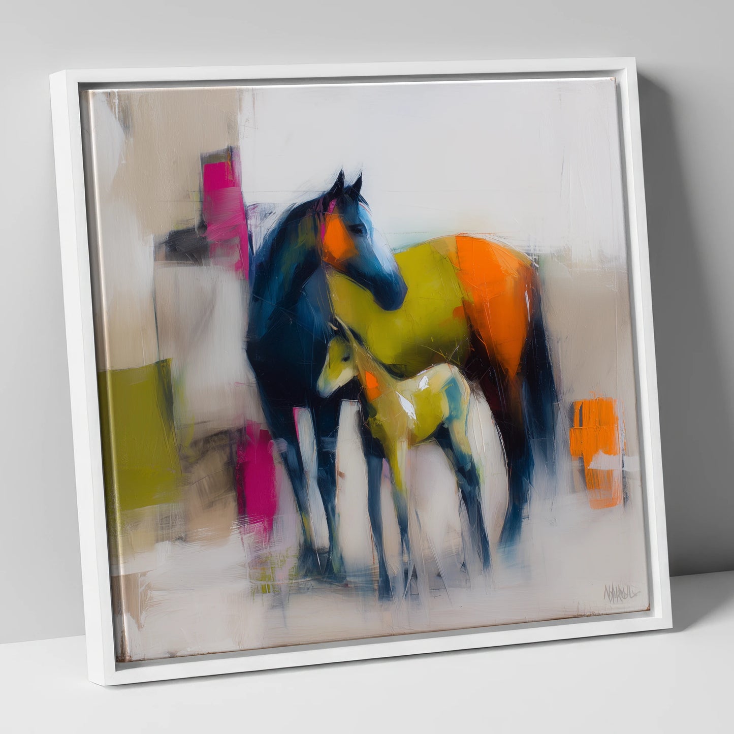 Bold Beginnings mare & foal canvas wall art in white frame
