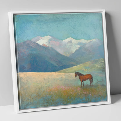 Alpine Solitude horse landscape canvas wall art in white frame