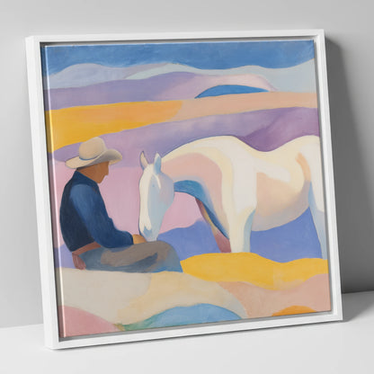 The Quiet Companion horse & rider canvas wall art in white frame