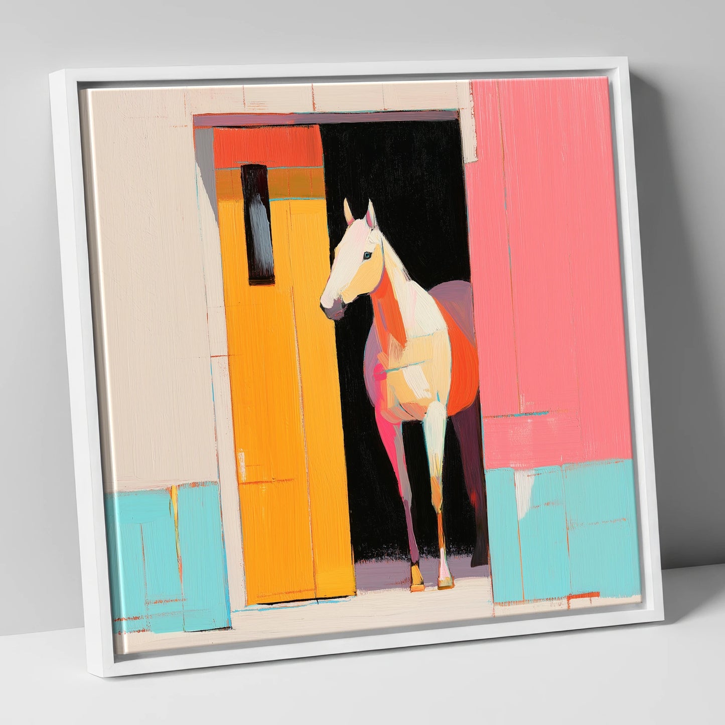 Vibrant Stable Doorway horse stable canvas wall art in white frame