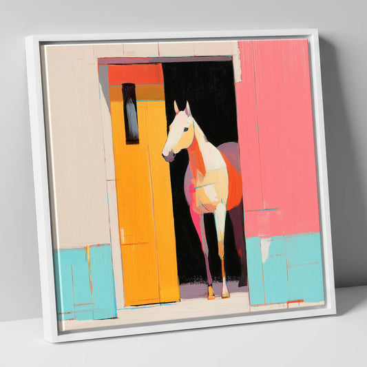 Vibrant Stable Doorway horse stable canvas wall art in white frame