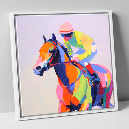 Technicolour Gallop racing horse canvas wall art in white frame