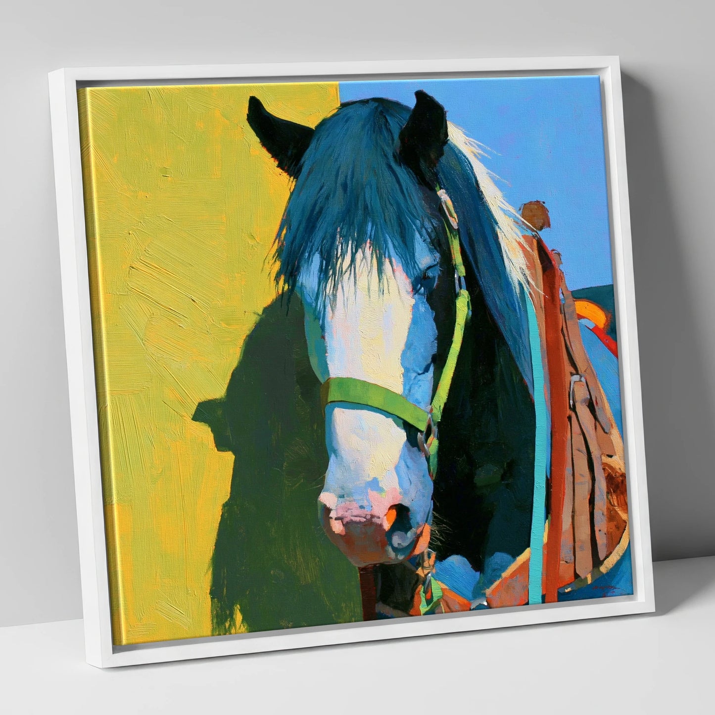 Tacked Horse Against Yellow Wall horse breed canvas wall art in white frame