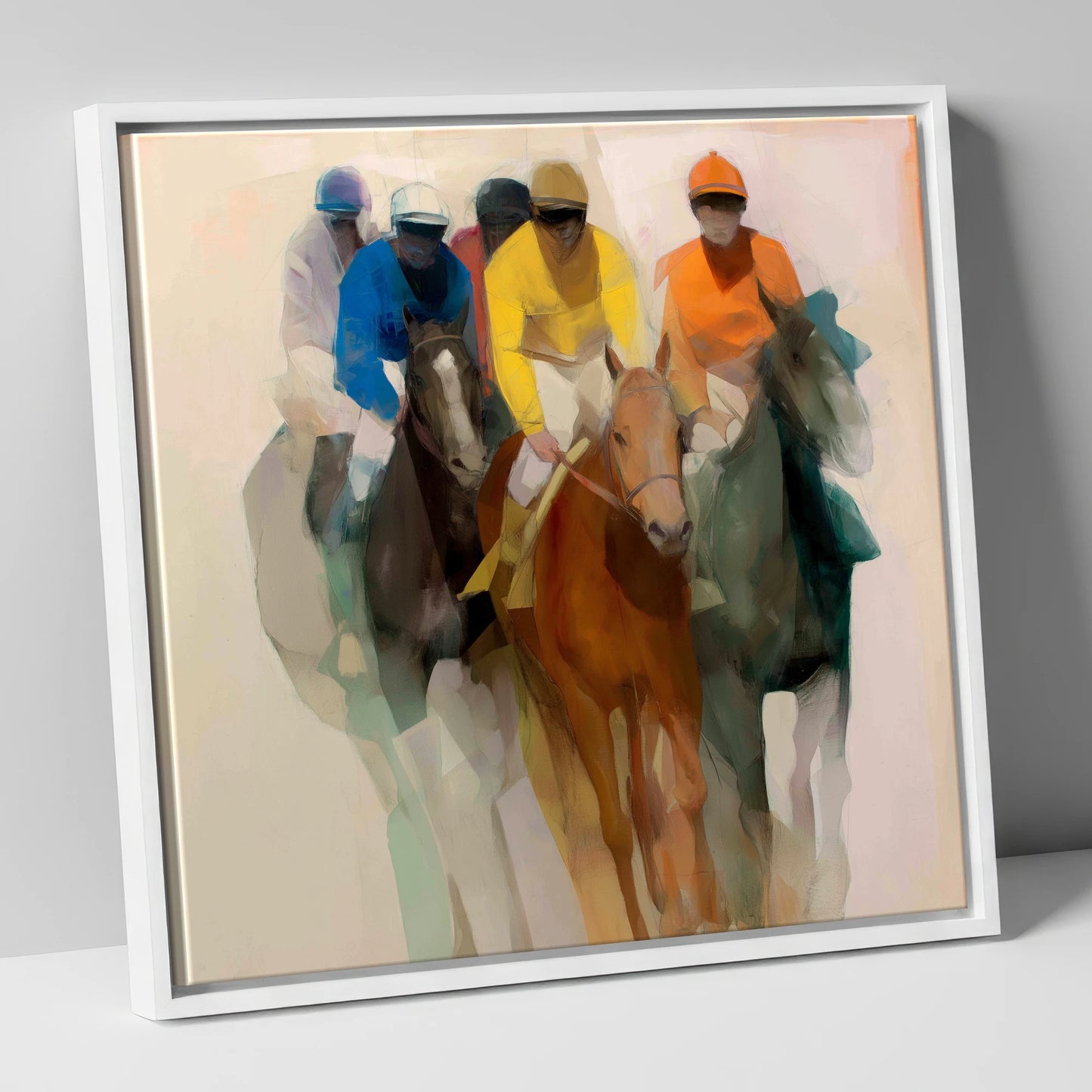 The Front Runners racing horse canvas wall art in white frame