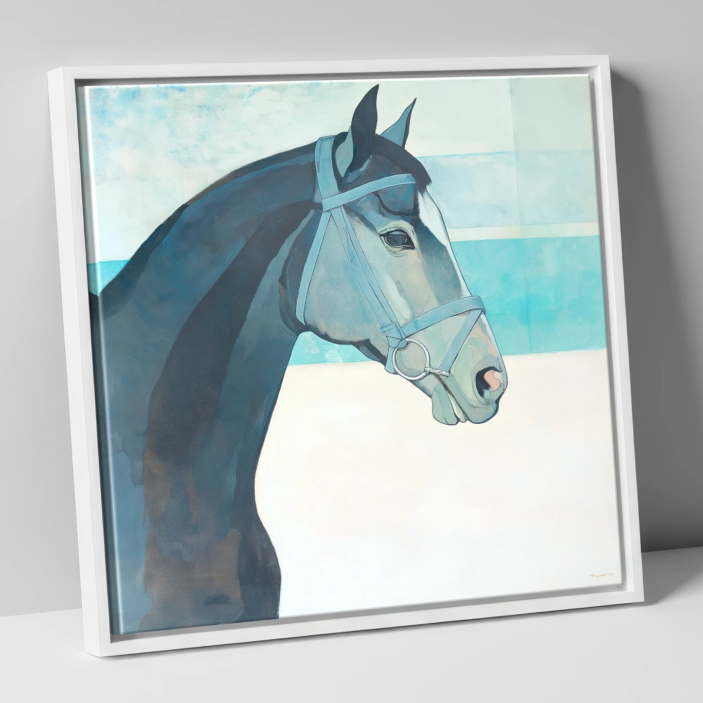 Serene Aquamarine Profile racing horse canvas wall art in white frame