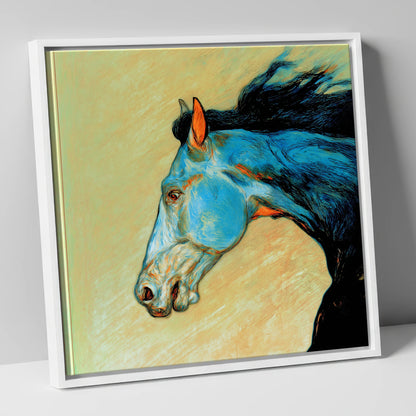 Cerulean Spirit racing horse canvas wall art in white frame