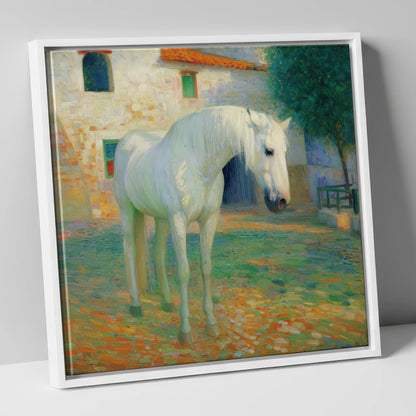 Sunlit Courtyard Grey horse breed canvas wall art in white frame