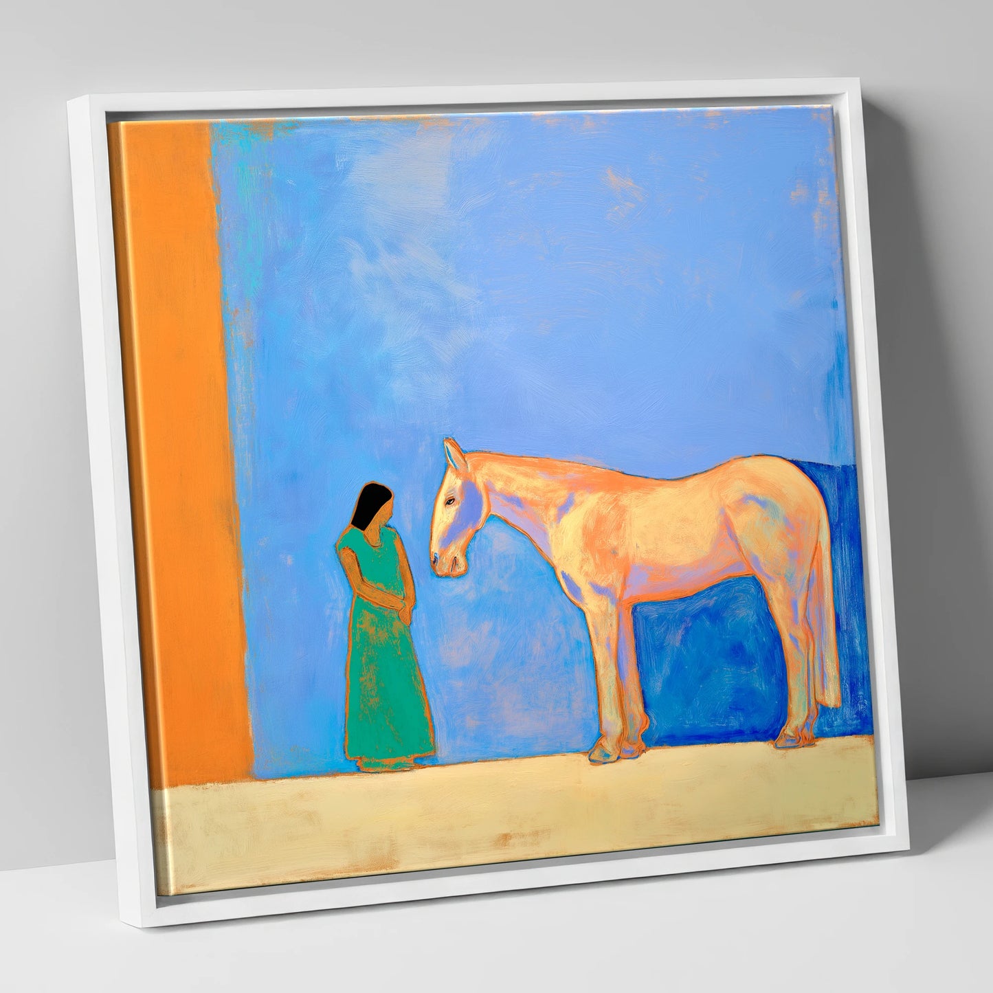 Silent Understanding horse & rider canvas wall art in white frame