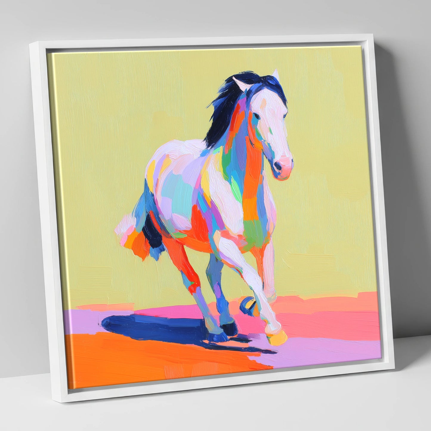 Technicolour Canter horse breed canvas wall art in white frame