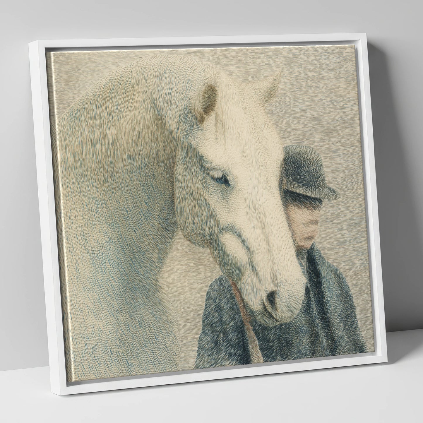 A Quiet Understanding horse & rider canvas wall art in white frame