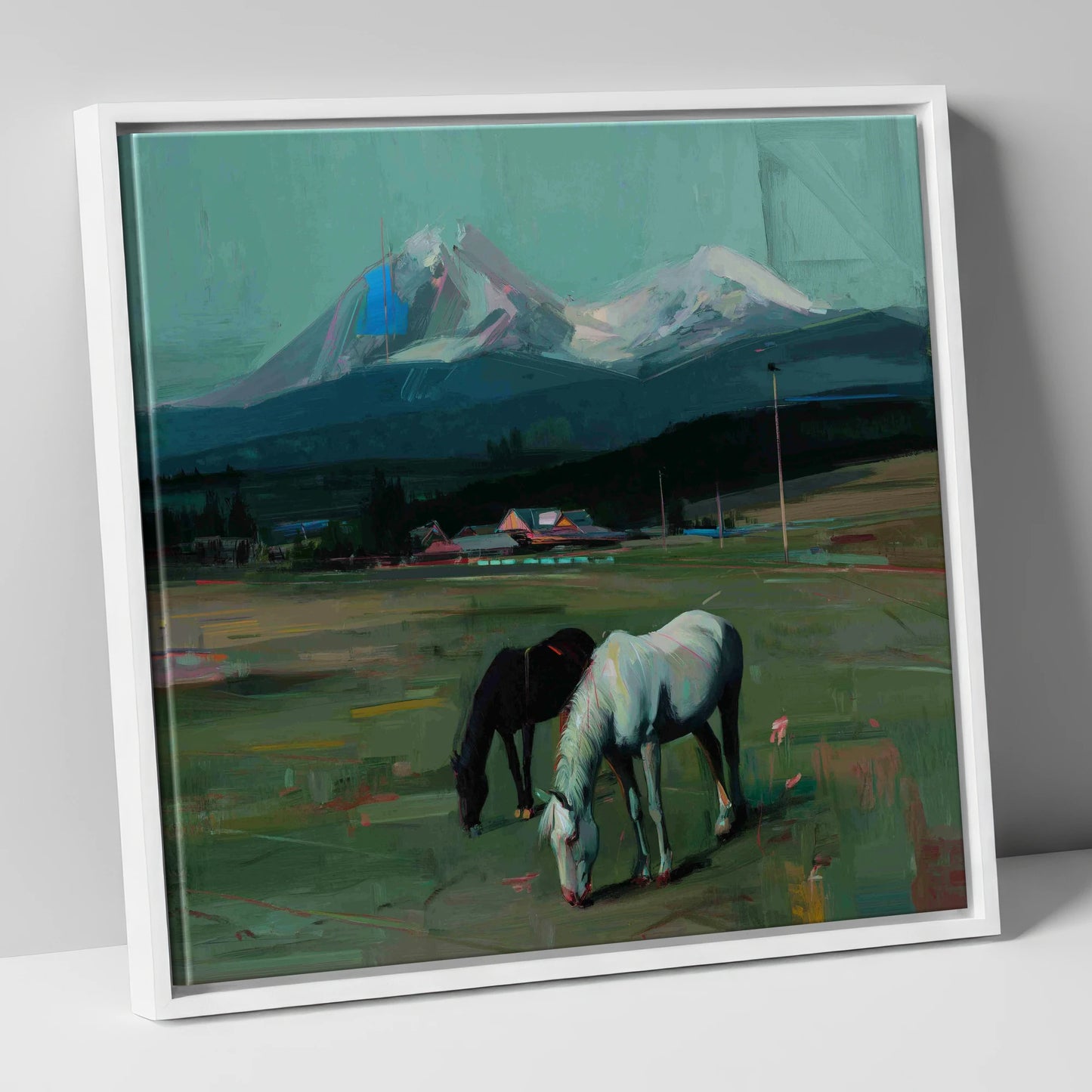 Companions Beneath the Peak horse landscape canvas wall art in white frame