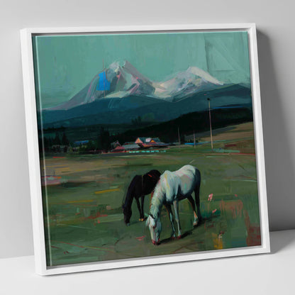 Companions Beneath the Peak horse landscape canvas wall art in white frame