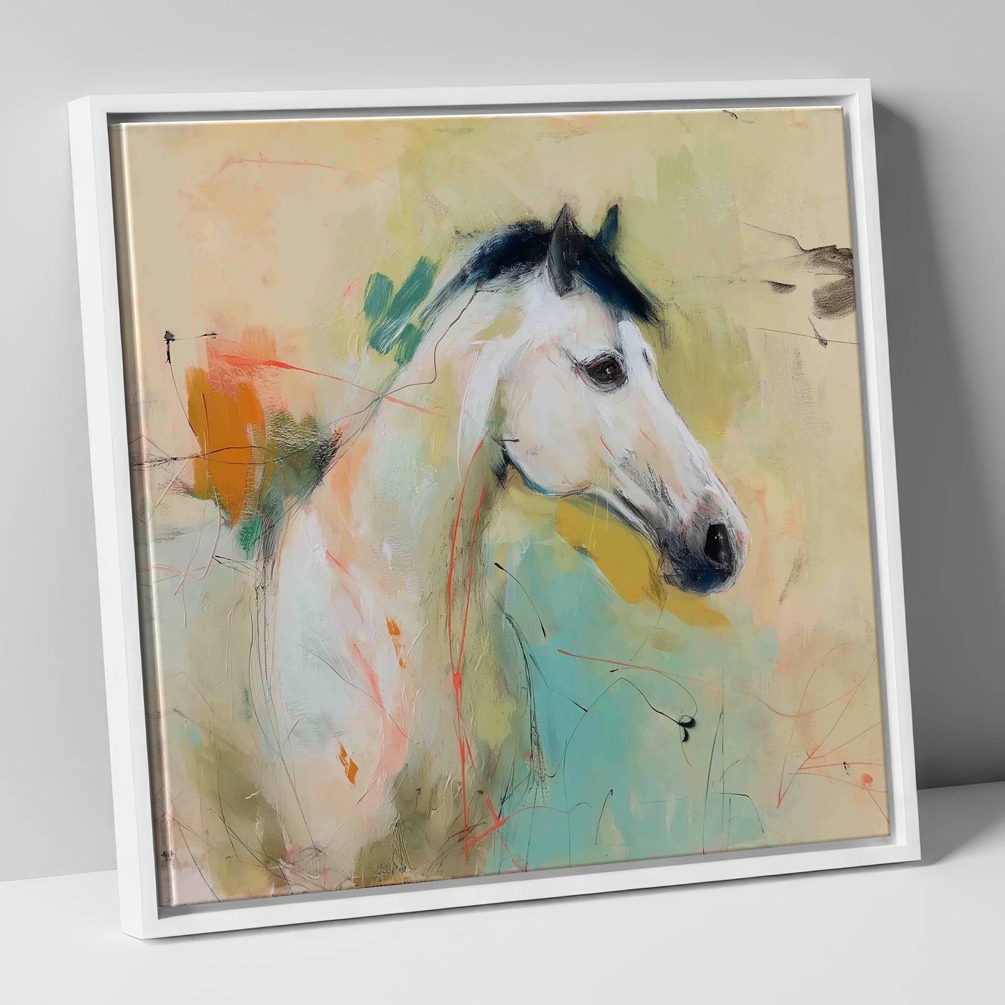 Gestural Grey Portrait horse portrait canvas wall art in white frame