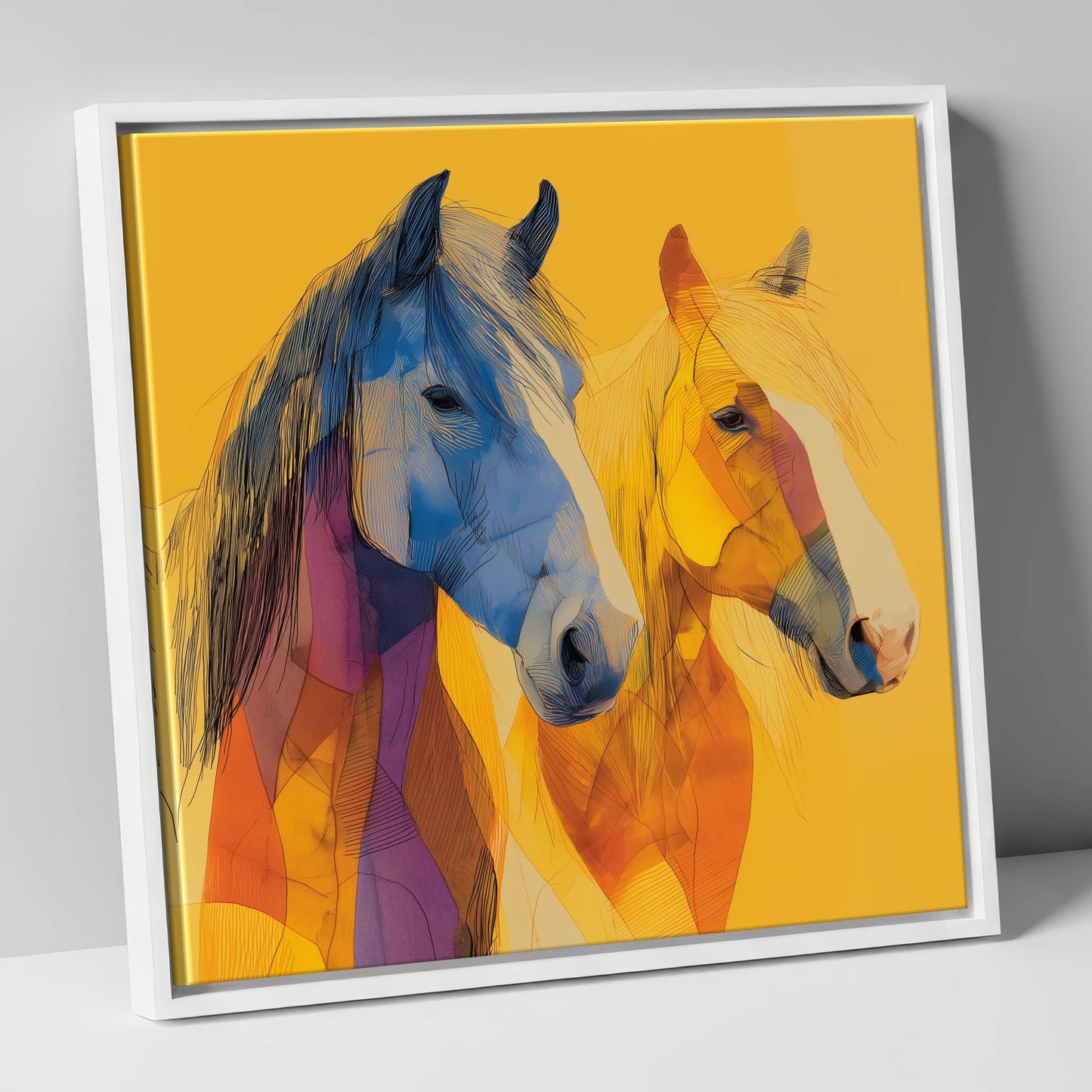 Prismatic Companions horse landscape canvas wall art in white frame