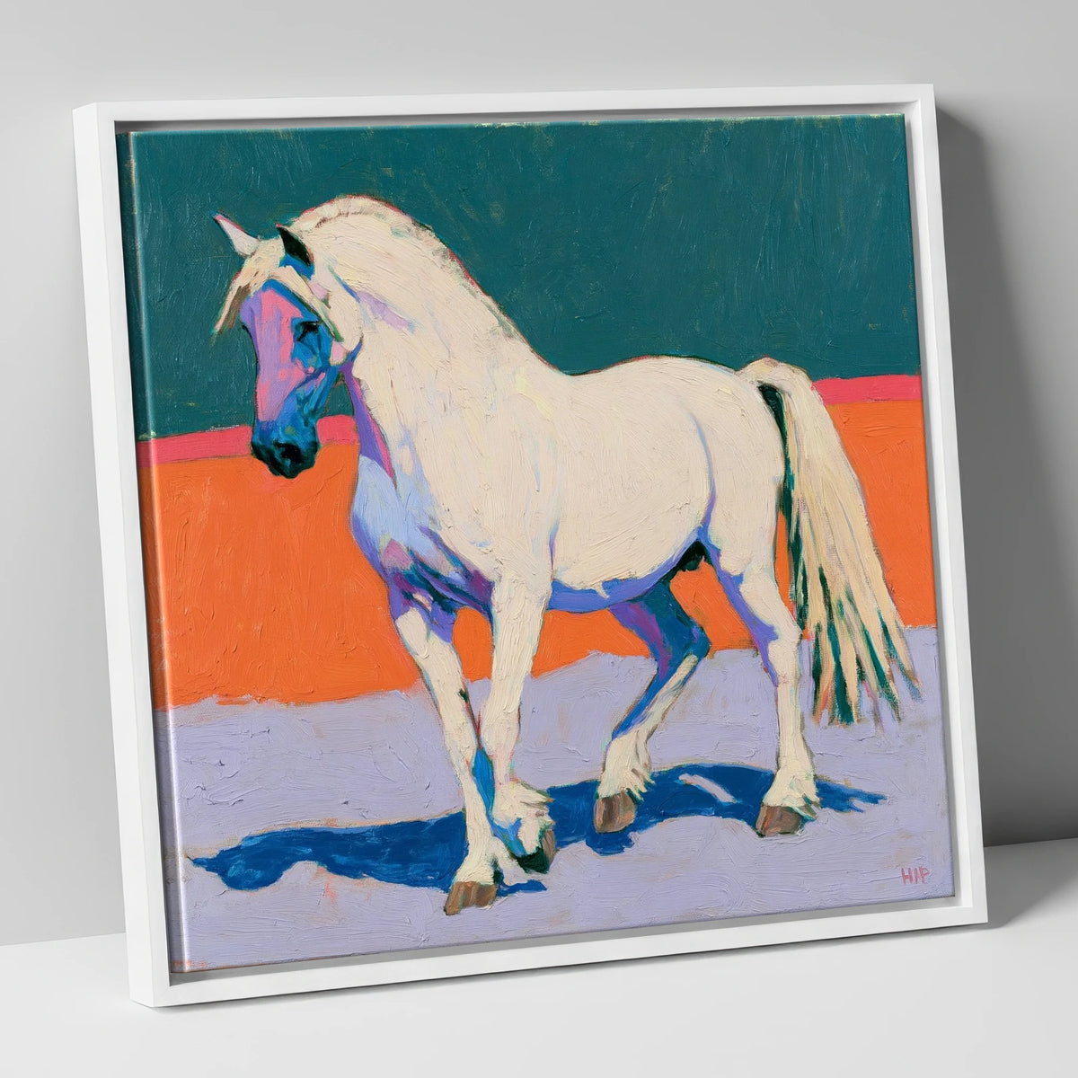 White Horse in Vivid Colours horse breed canvas wall art in white frame