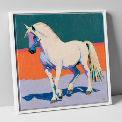 White Horse in Vivid Colours horse breed canvas wall art in white frame