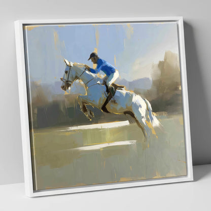 Flight in Blue show jumping horse canvas wall art in white frame