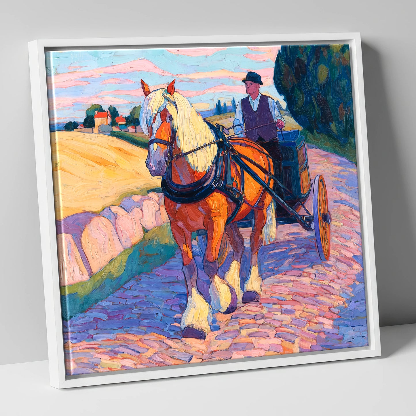 Evening Draught on Cobbles working horse canvas wall art in white frame