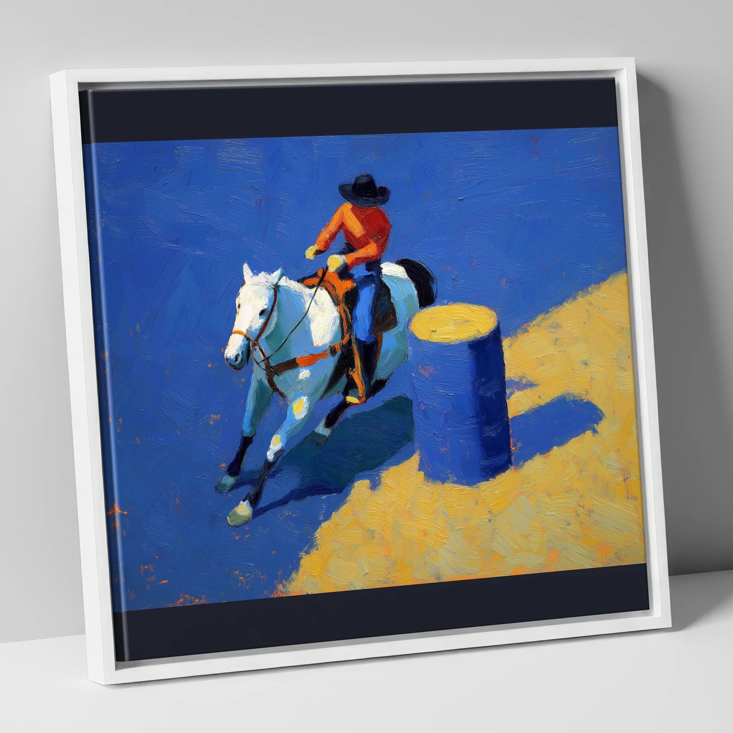 Blue Barrel Turn western horse canvas wall art in white frame