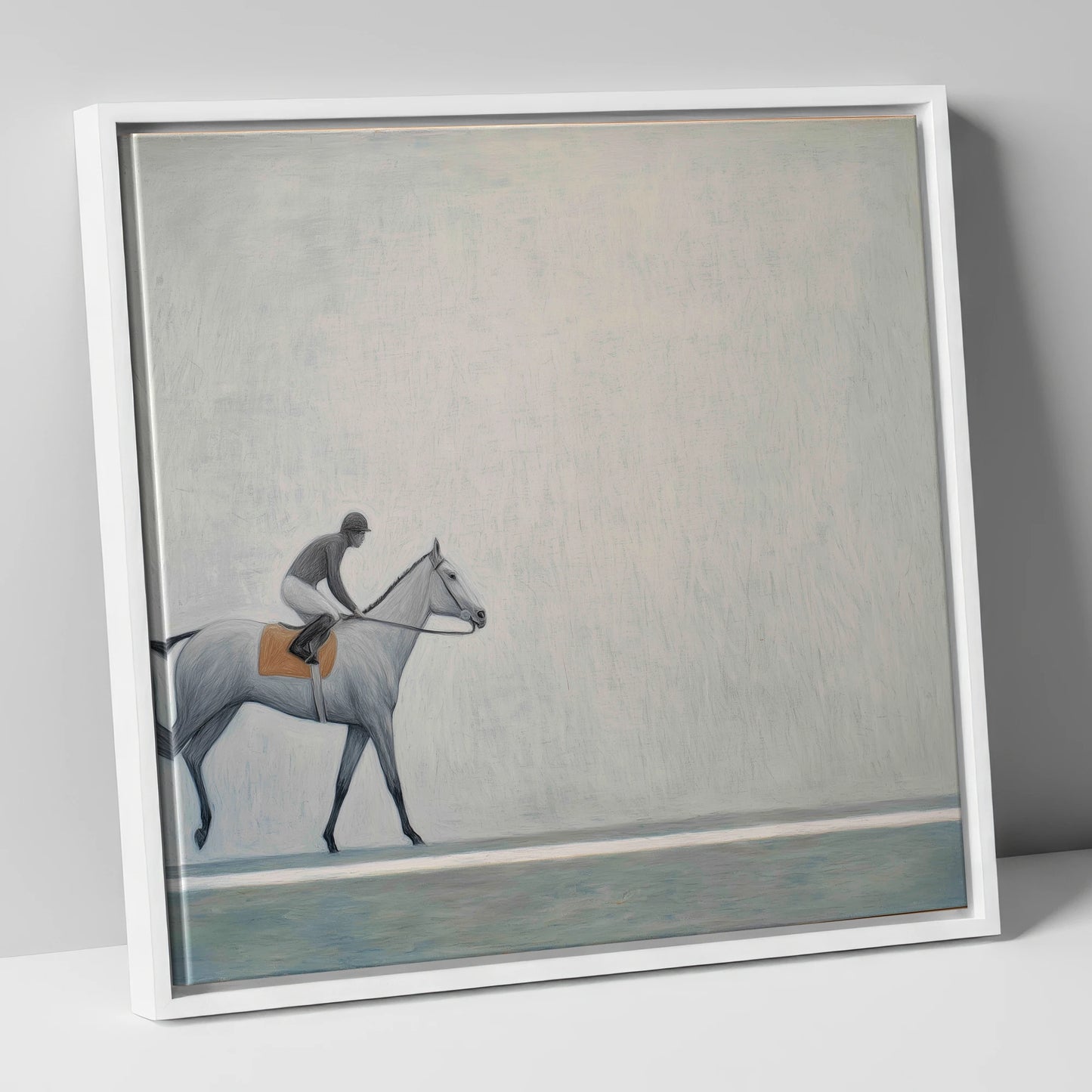 Silent Stride racing horse canvas wall art in white frame