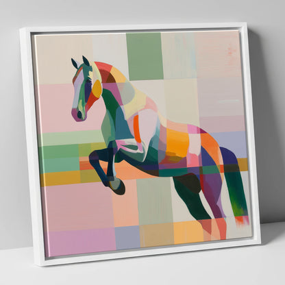 Modern Equine Leap show jumping horse canvas wall art in white frame