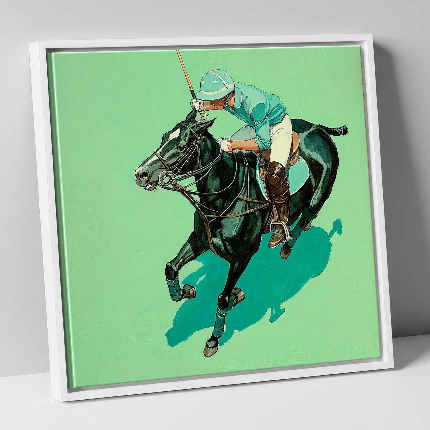The Teal Chukka polo horse canvas wall art in white frame