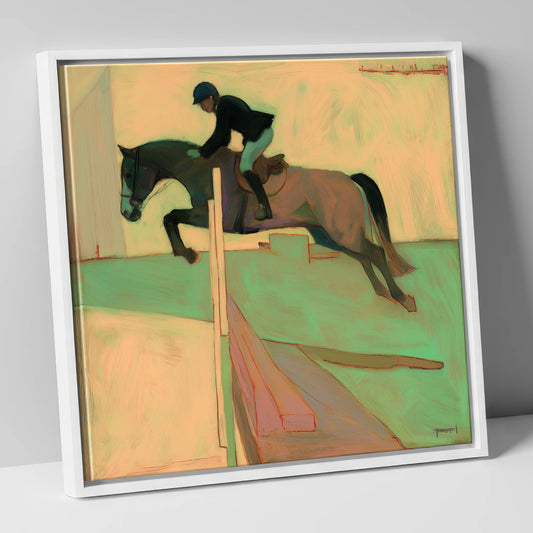 Flight and Form show jumping horse canvas wall art in white frame