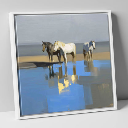 Azure Shore Reflections wild horses canvas wall art in white frame