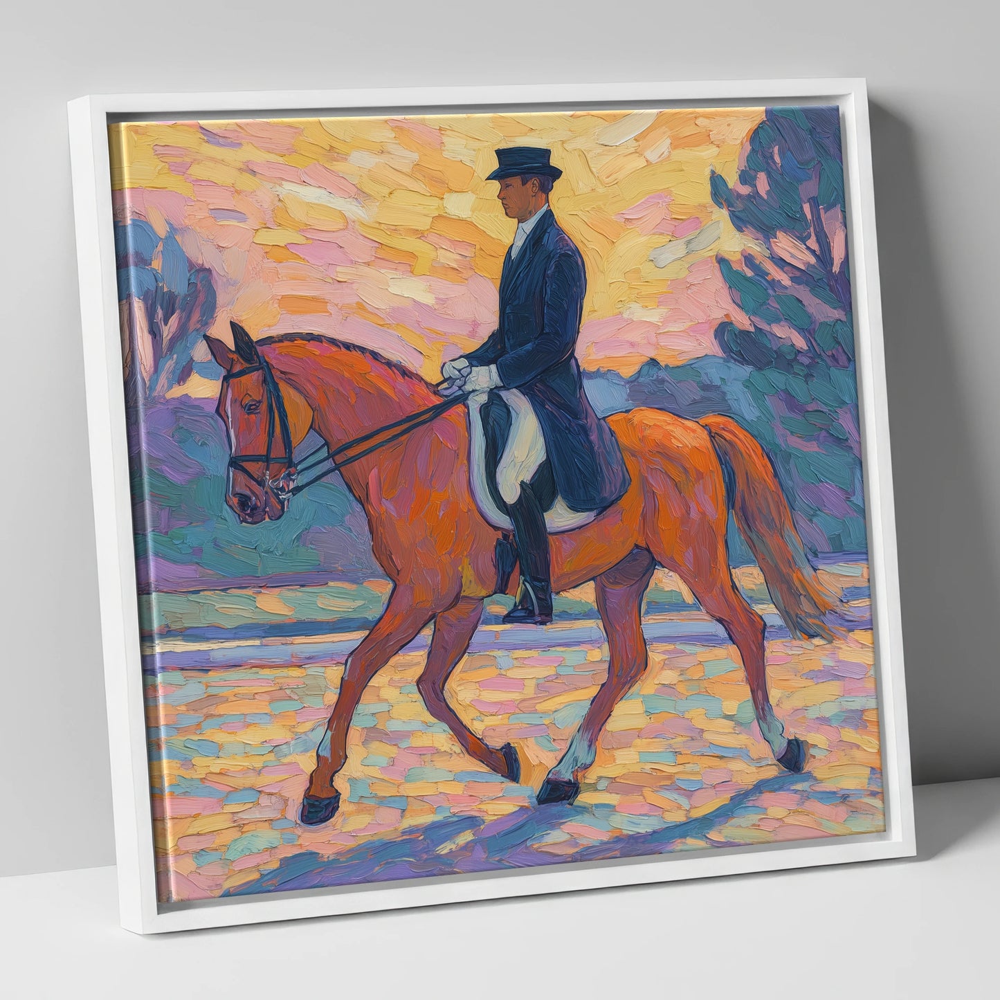 Painted Dressage Elegance dressage horse canvas wall art in white frame