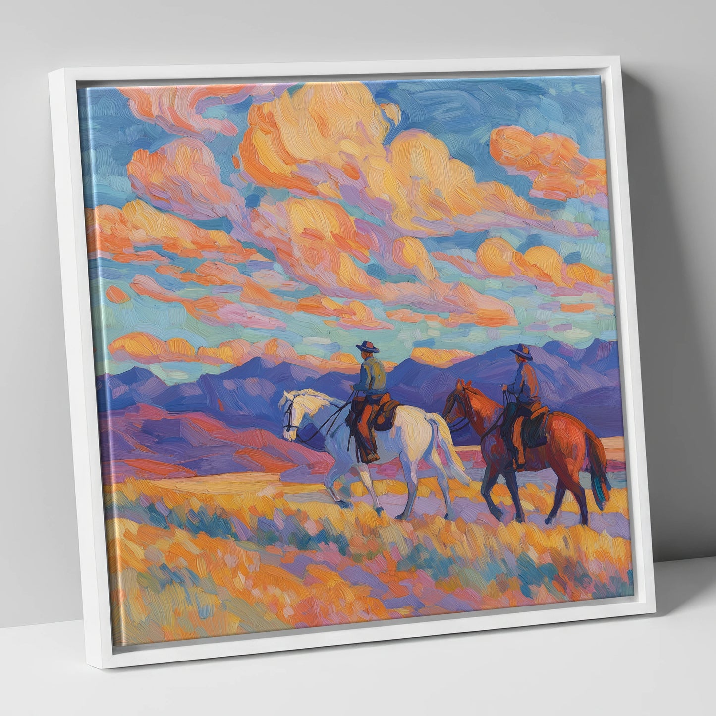 Painted Horizon Riders horse landscape canvas wall art in white frame
