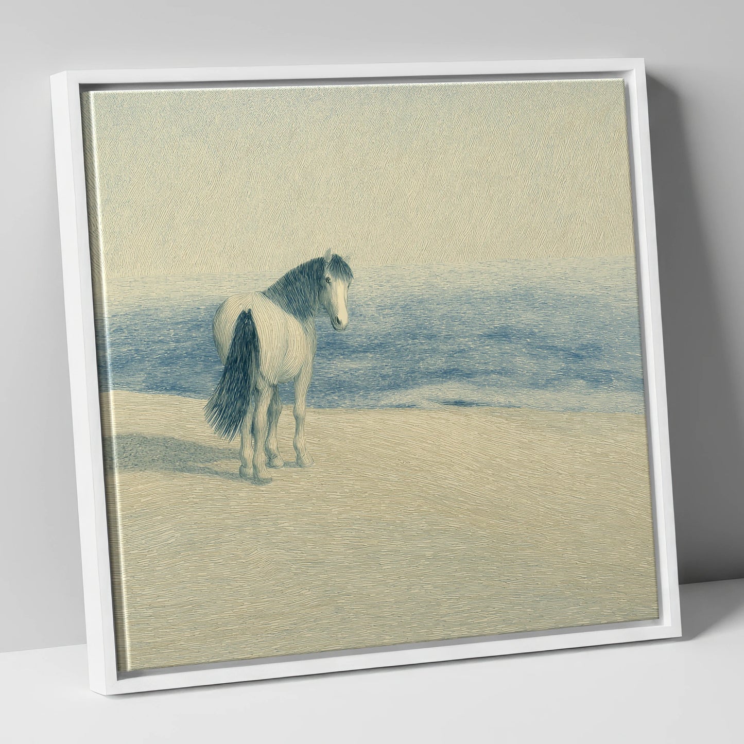 The Shoreline Gaze horse landscape canvas wall art in white frame