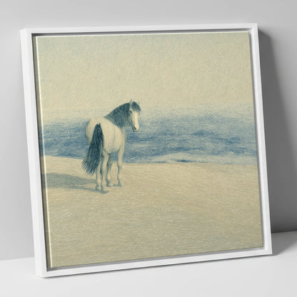 The Shoreline Gaze horse landscape canvas wall art in white frame