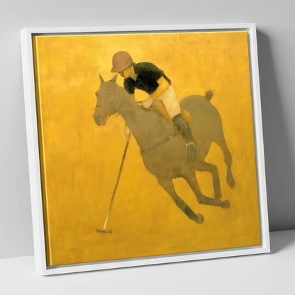 Golden Chukka polo horse canvas wall art in white frame