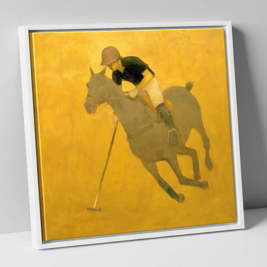Golden Chukka polo horse canvas wall art in white frame