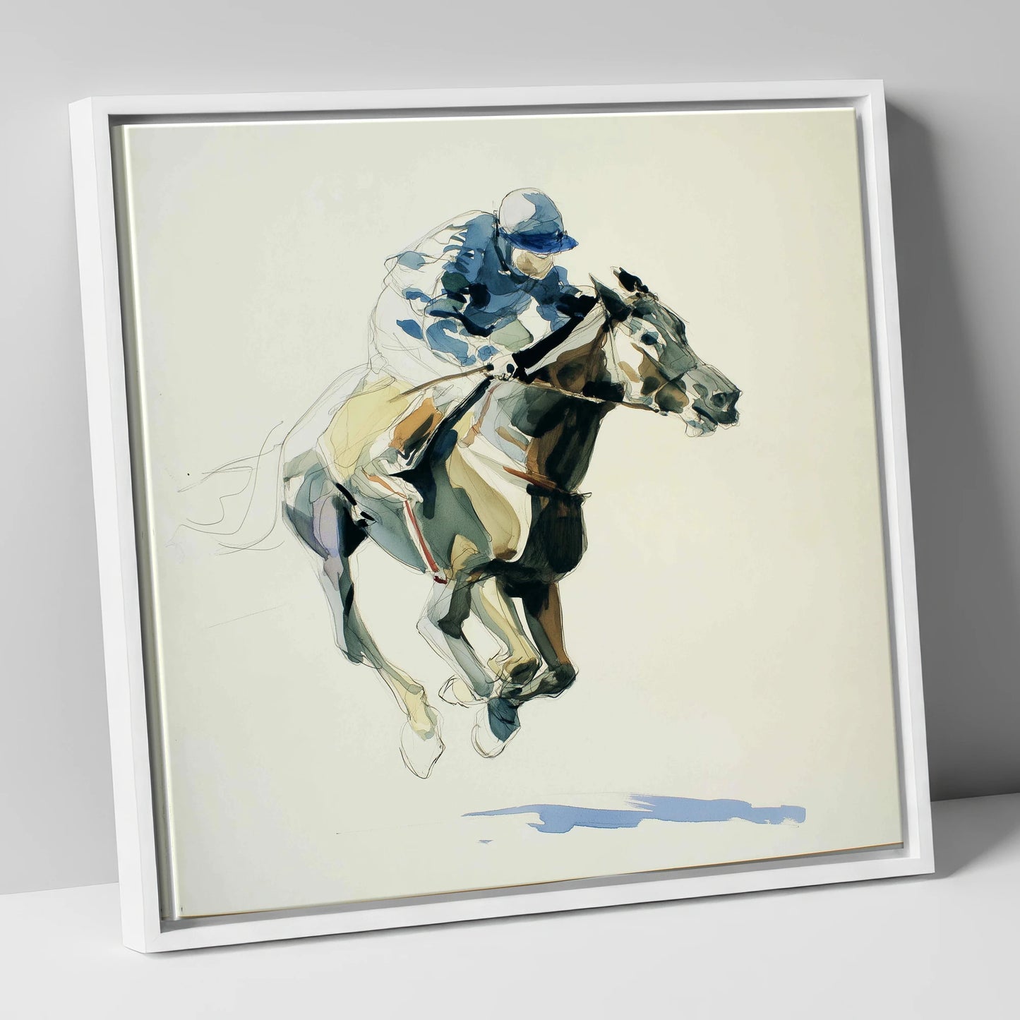 Cerulean Stride racing horse canvas wall art in white frame