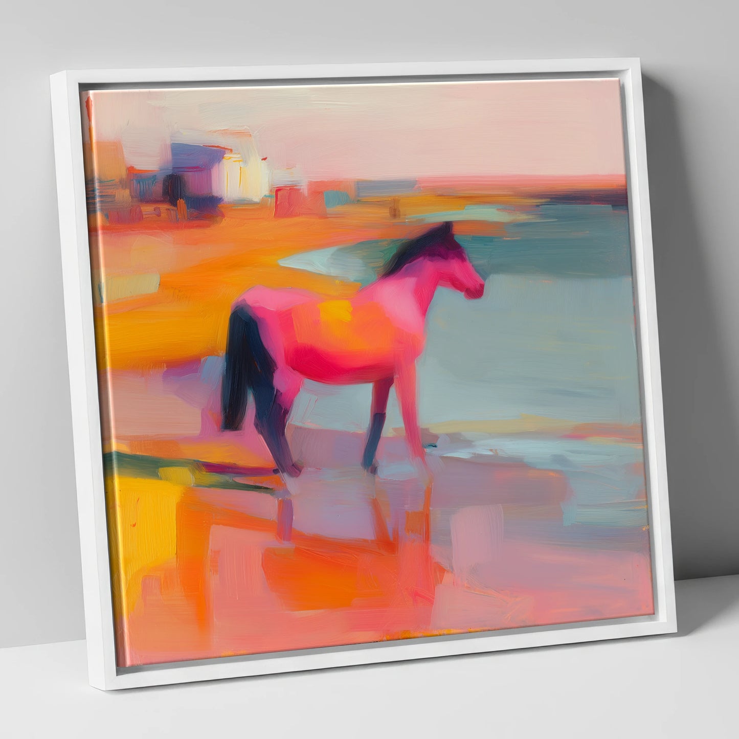 Vibrant Coastal Mirage horse landscape canvas wall art in white frame