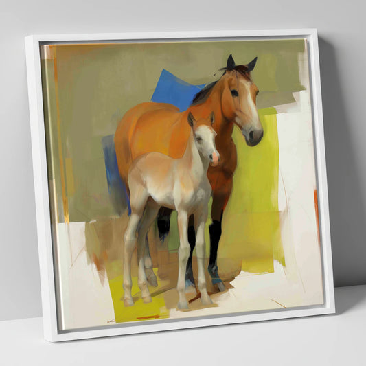 Modern Golden Bond mare & foal canvas wall art in white frame