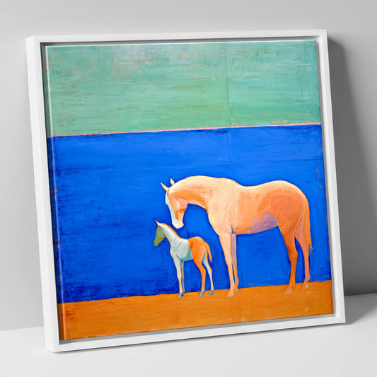Cobalt Bond mare & foal canvas wall art in white frame