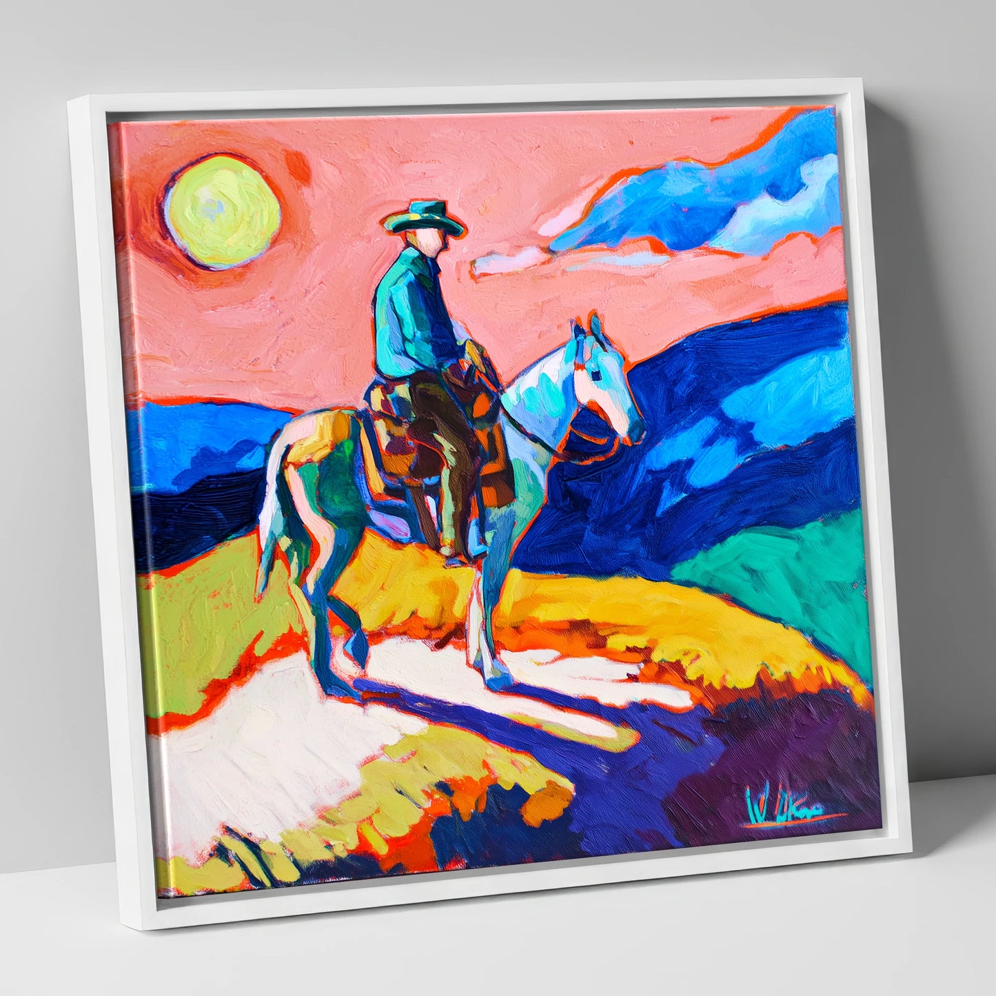 Technicolour Trail Rider western horse canvas wall art in white frame