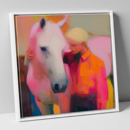 The Radiant Embrace horse & rider canvas wall art in white frame