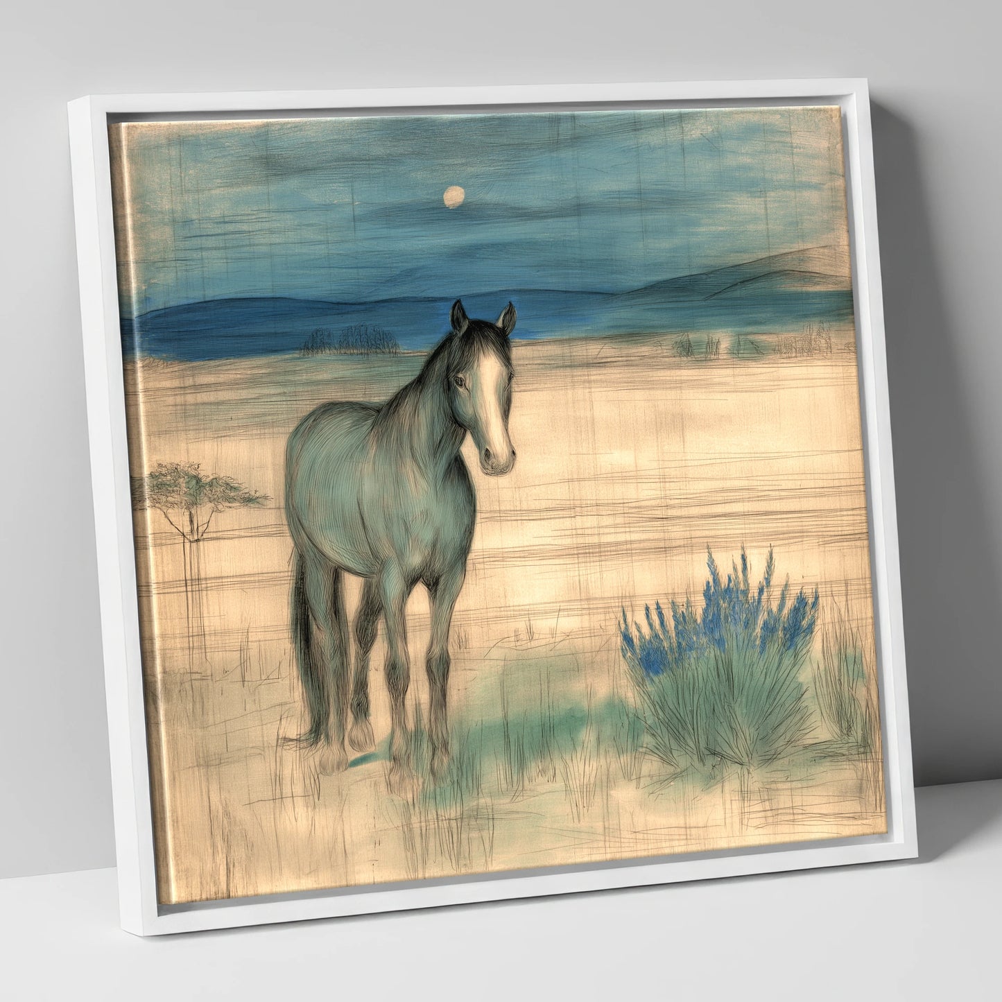 Twilight Moonlit Watch horse landscape canvas wall art in white frame
