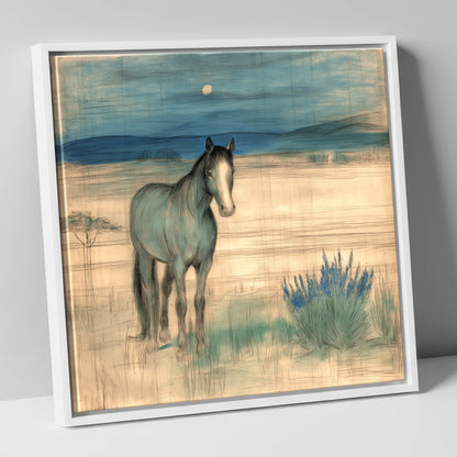 Twilight Moonlit Watch horse landscape canvas wall art in white frame