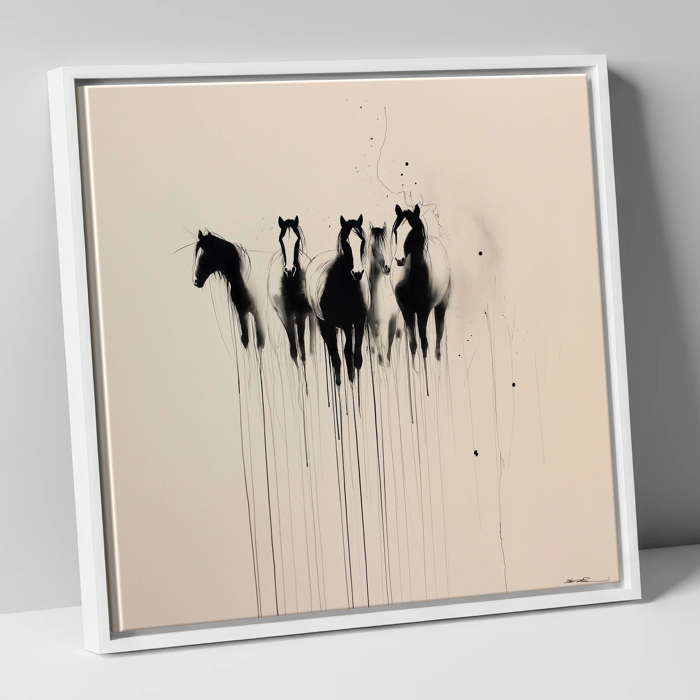 The Silent Herd wild horses canvas wall art in white frame