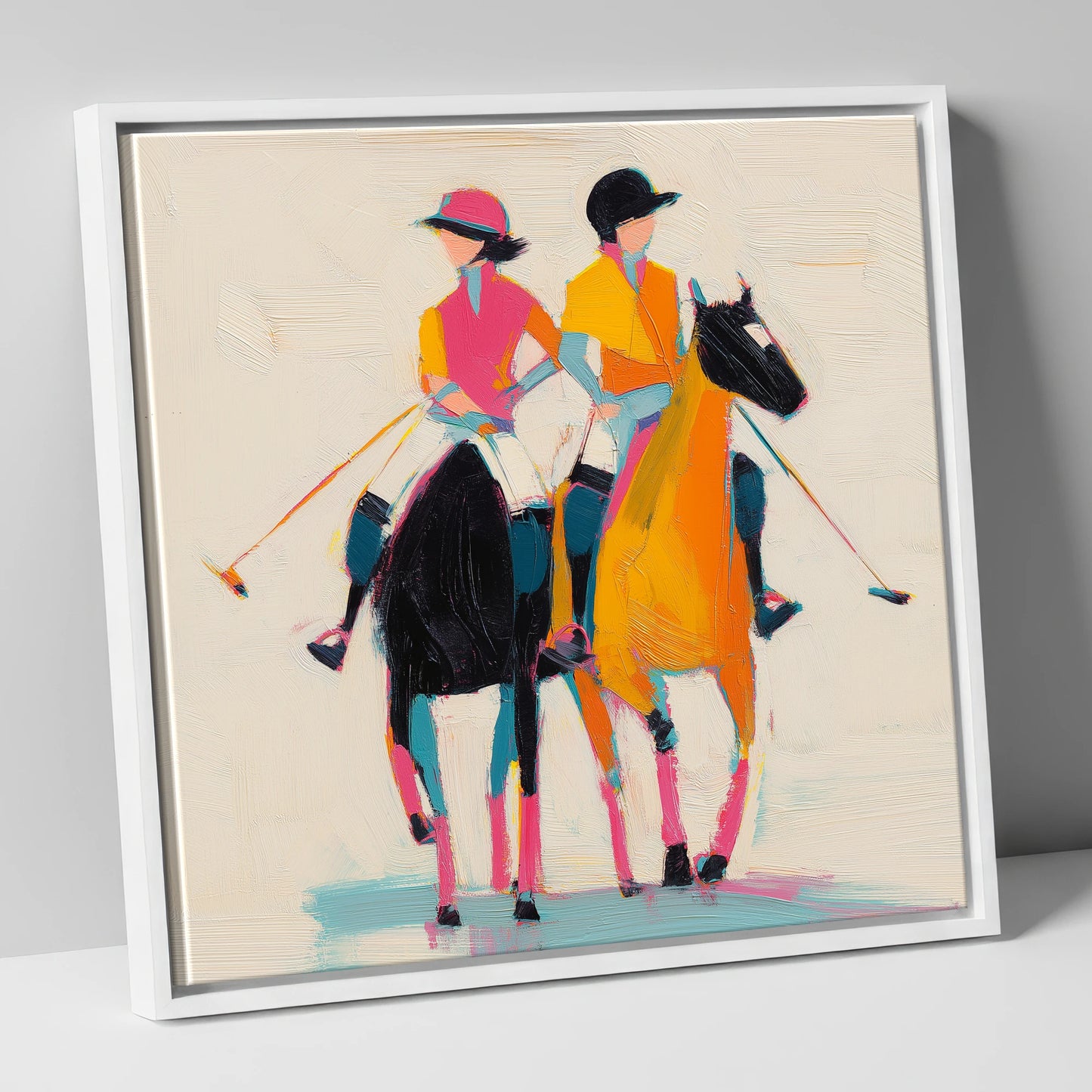 High Goal Hues polo horse canvas wall art in white frame