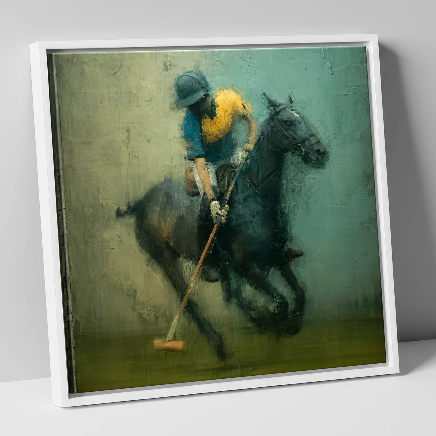 Midfield Strike polo horse canvas wall art in white frame