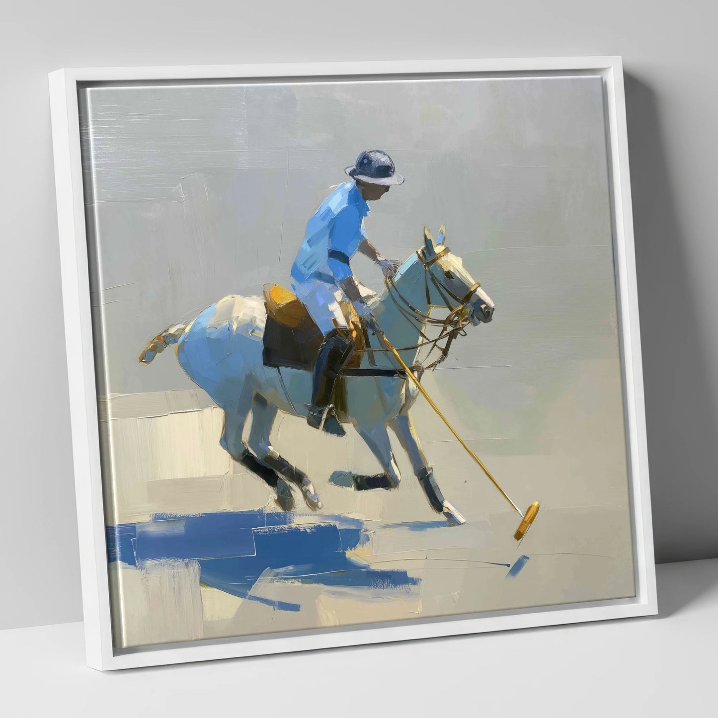 The Blue Chukka polo horse canvas wall art in white frame