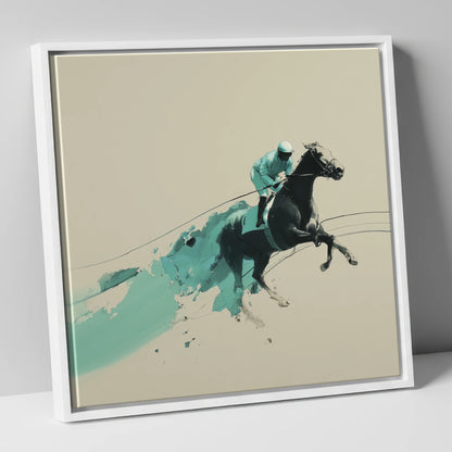 Velocity In Teal racing horse canvas wall art in white frame